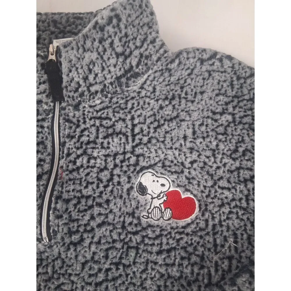 Peanuts Snoopy Women’s XL Gray Sherpa Fleece Quarter Zip Pullover Red Heart